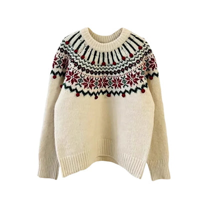 Women's Fair Isle sweater with turtleneck and decorative beads, white