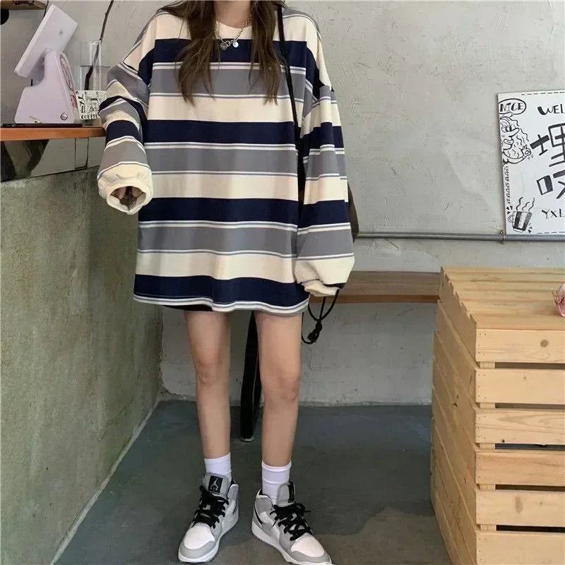 Women's striped oversized crew-neck long-sleeve shirt, casual top