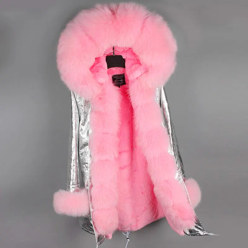 Women's winter parka with pink faux fur lining & hood