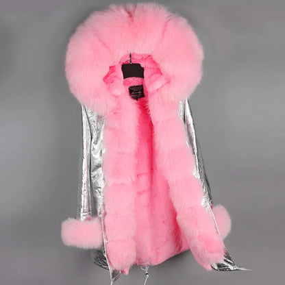 Women's winter parka with pink faux fur lining & hood