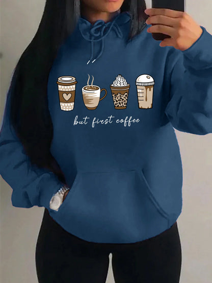 Women's hoodie with coffee cup print, hood, and kangaroo pocket