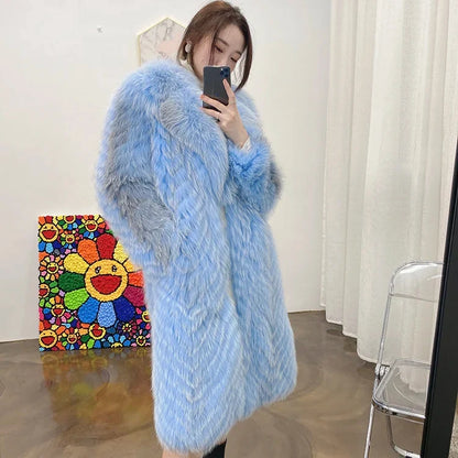 Long women's faux-fur coat with chevron pattern, warm winter coat