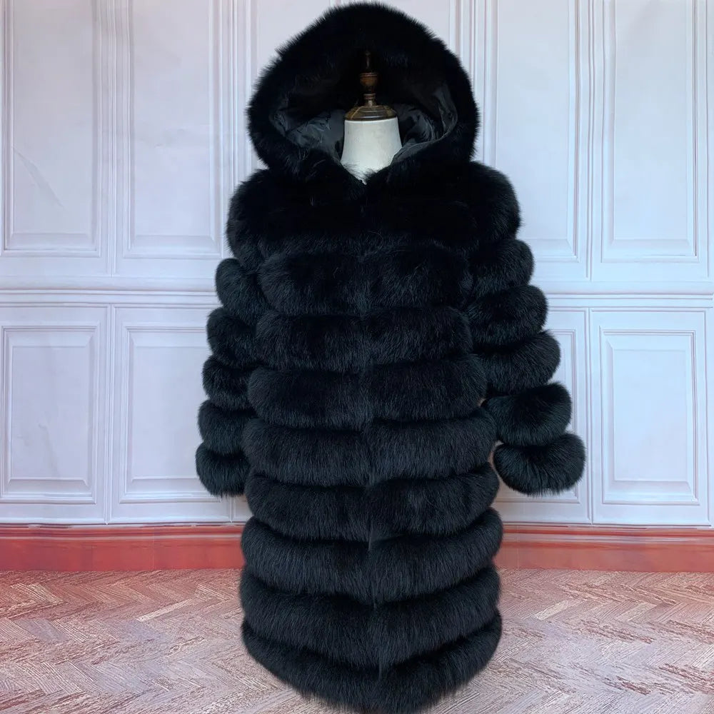 Women's winter faux fur coat with hood, long sleeves, warm jacket, striped