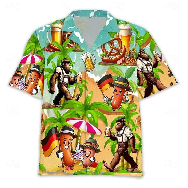 Men's Oktoberfest shirt, short sleeves, beer, pretzel, and sausage design