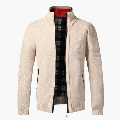 Herren Strick-Cardigan mit Stehkragen und kariertem Innenfutter – modische Freizeitjacke