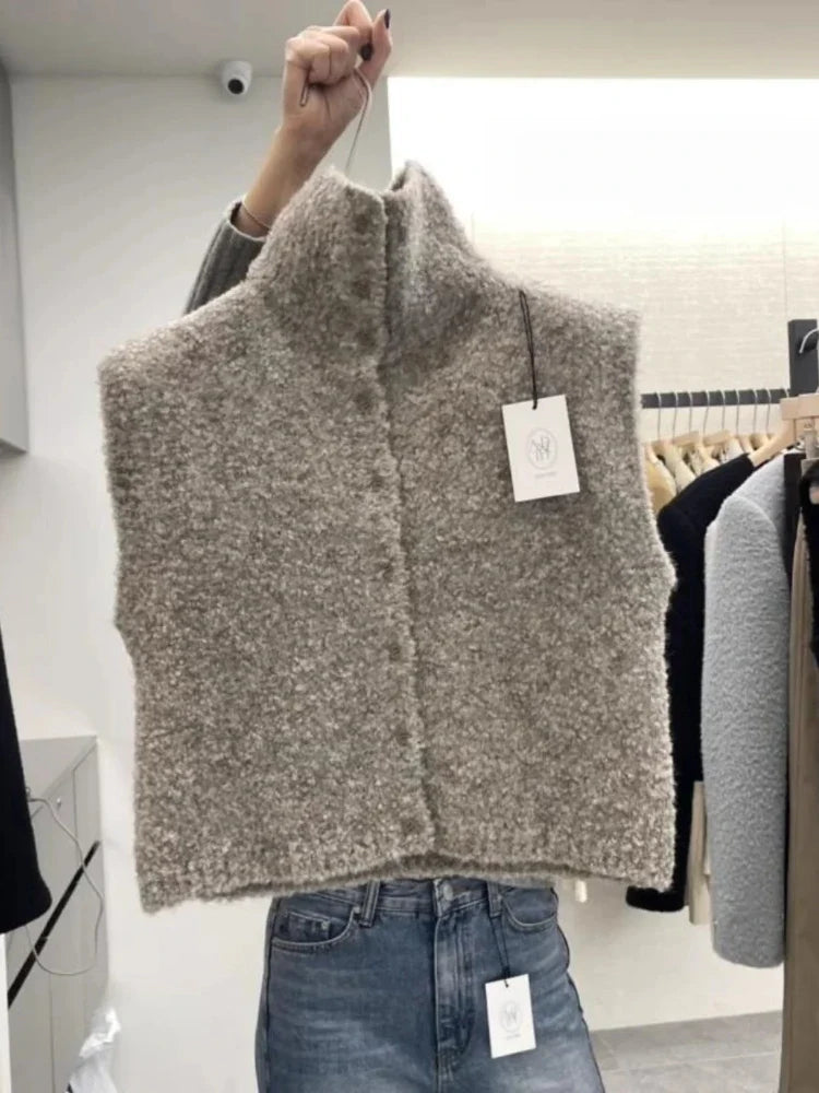 Women's bouclé-look knitted vest with turtleneck, sleeveless