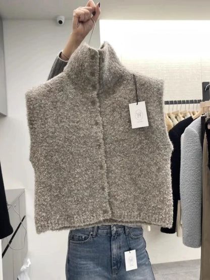 Women's bouclé-look knitted vest with turtleneck, sleeveless