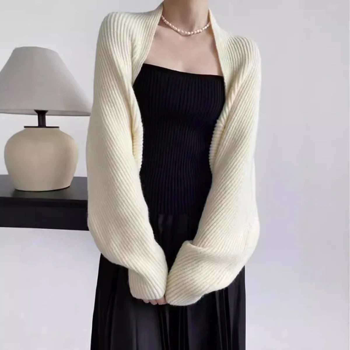 Women's knitted bolero shrug, ribbed knit, short-sleeve cropped top, off-shoulder