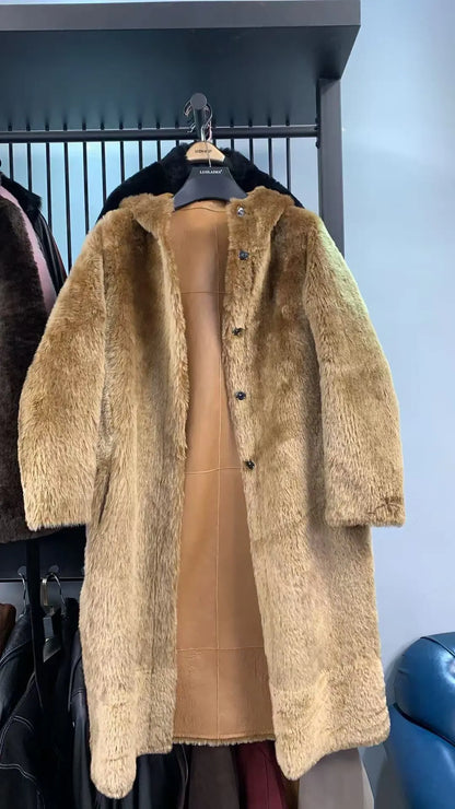 Women's long teddy-style coat with hood, button closure, beige