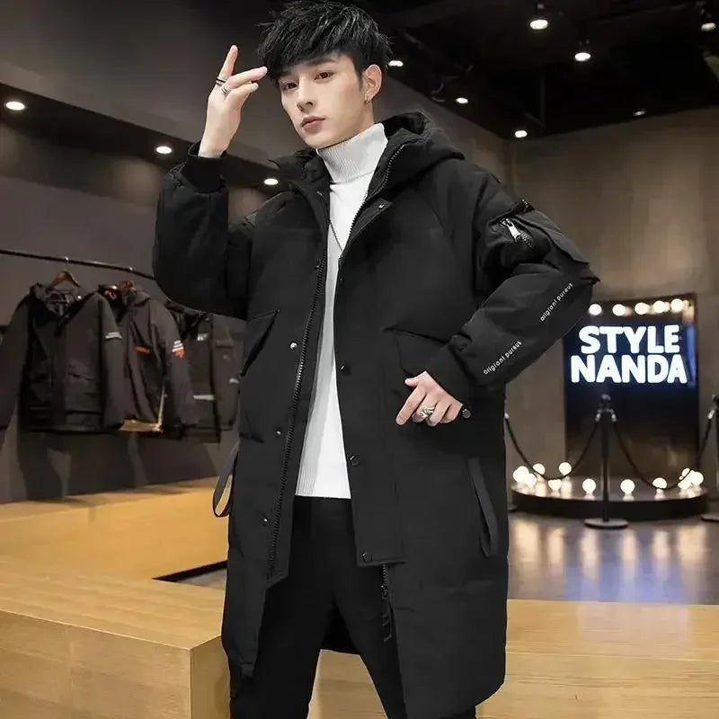 Men's long winter coat with hood and zipper, padded, black