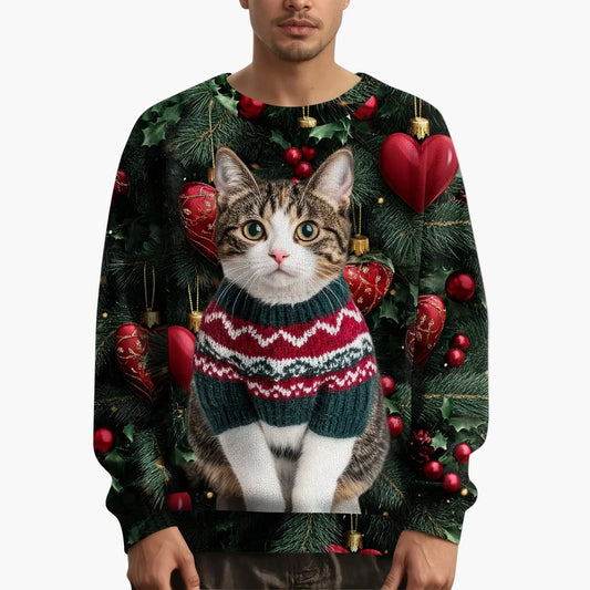 Men's Christmas Sweatshirt with Cat Motif and Festive Print – Funny Sweater for the Holidays