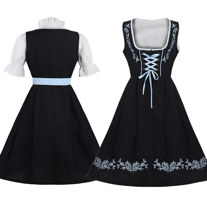 Damen Dirndl Trachtenkleid Schwarz Blau mit Stickerei und Schürze