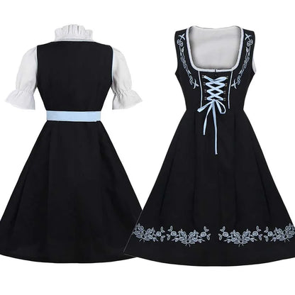 Damen Dirndl Trachtenkleid Schwarz Blau mit Stickerei und Schürze