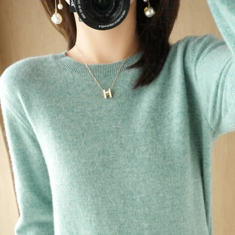 Damen Rundhals Pullover Langarm Basic Strickpullover
