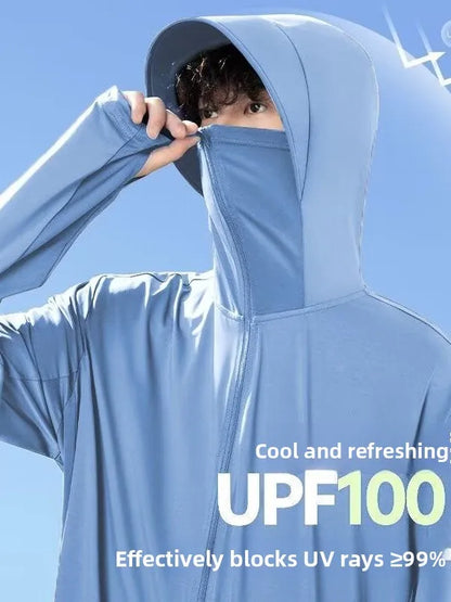 UV-protection jacket with hood and face mask, zipper, for men