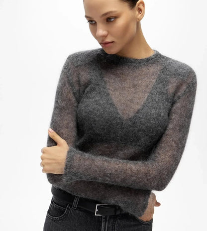 Women's long-sleeve sweater with sheer look, crew neck, and soft material