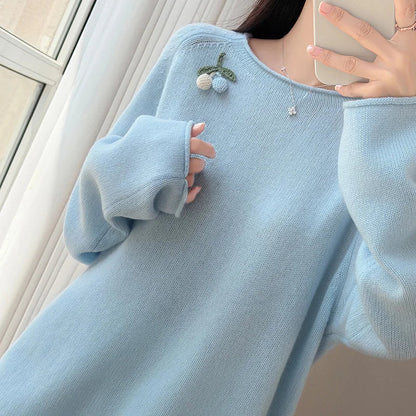 Women's Crew-Neck Long-Sleeve Sweater with Fruit Appliqué and Soft Knit