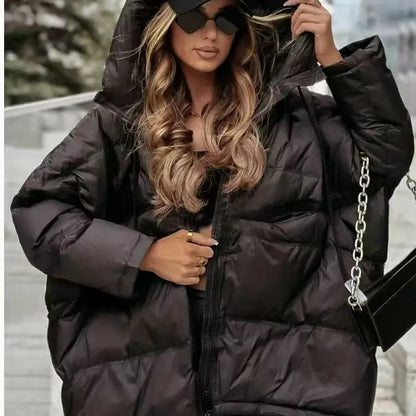 Damen Steppjacke mit Kapuze, Oversized Pufferjacke Schwarz