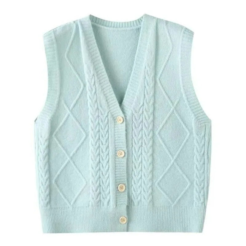 Women's Knit Vest with V-Neck, Cable and Diamond Pattern, Black