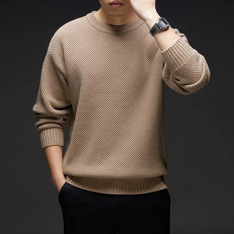Herren Strickpullover Rundhals Grau Waffelstruktur