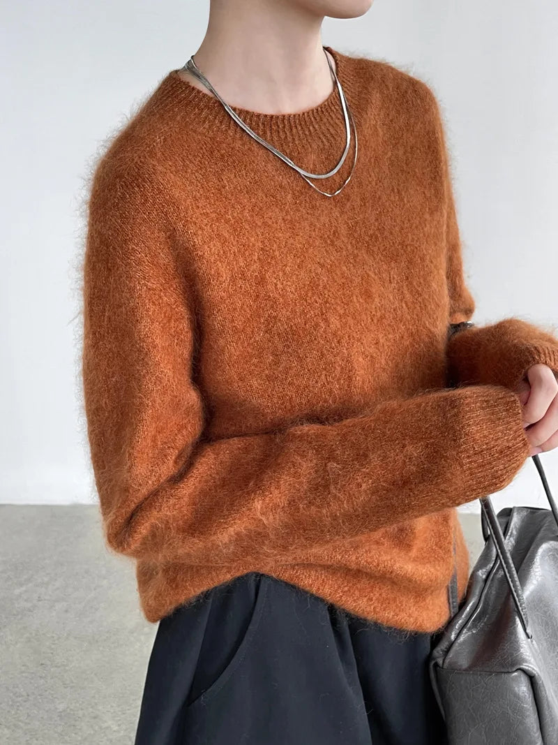 [LANMREM] Dames Fleece Gevoerde Ronde Hals Wollen Gebreide Trui Zachte Pluizige Slim Fit Sfeervolle Pullover Voor Herfst Winter 26E04076