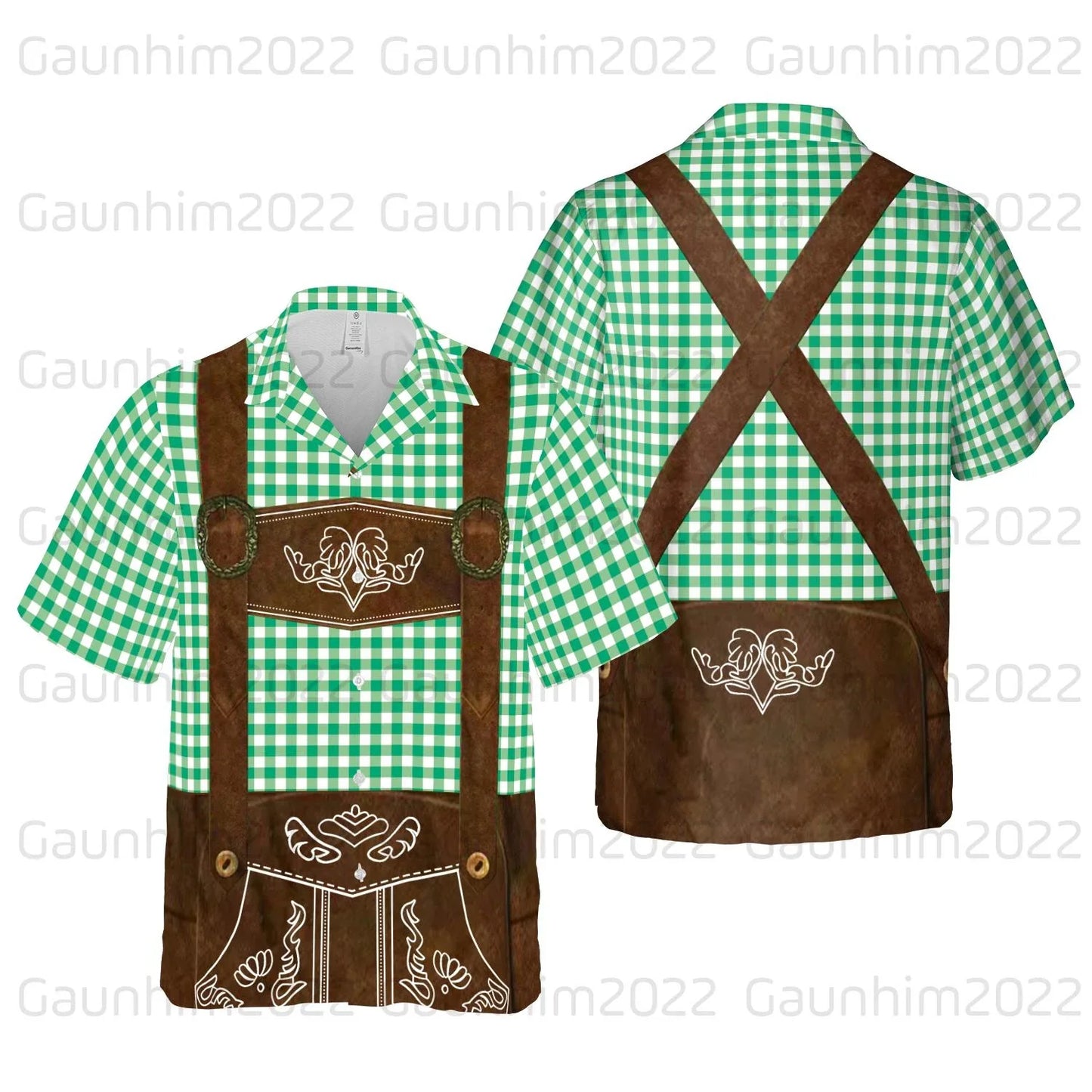 Kurzarm Hemd im Trachten-Design mit Lederhosen-Motiv und Bierkrügen