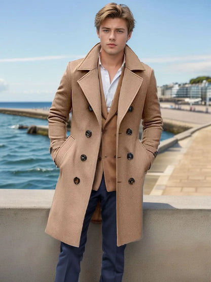 Herren Mantel Zweireiher Langer Trenchcoat Eleganter Wintermantel