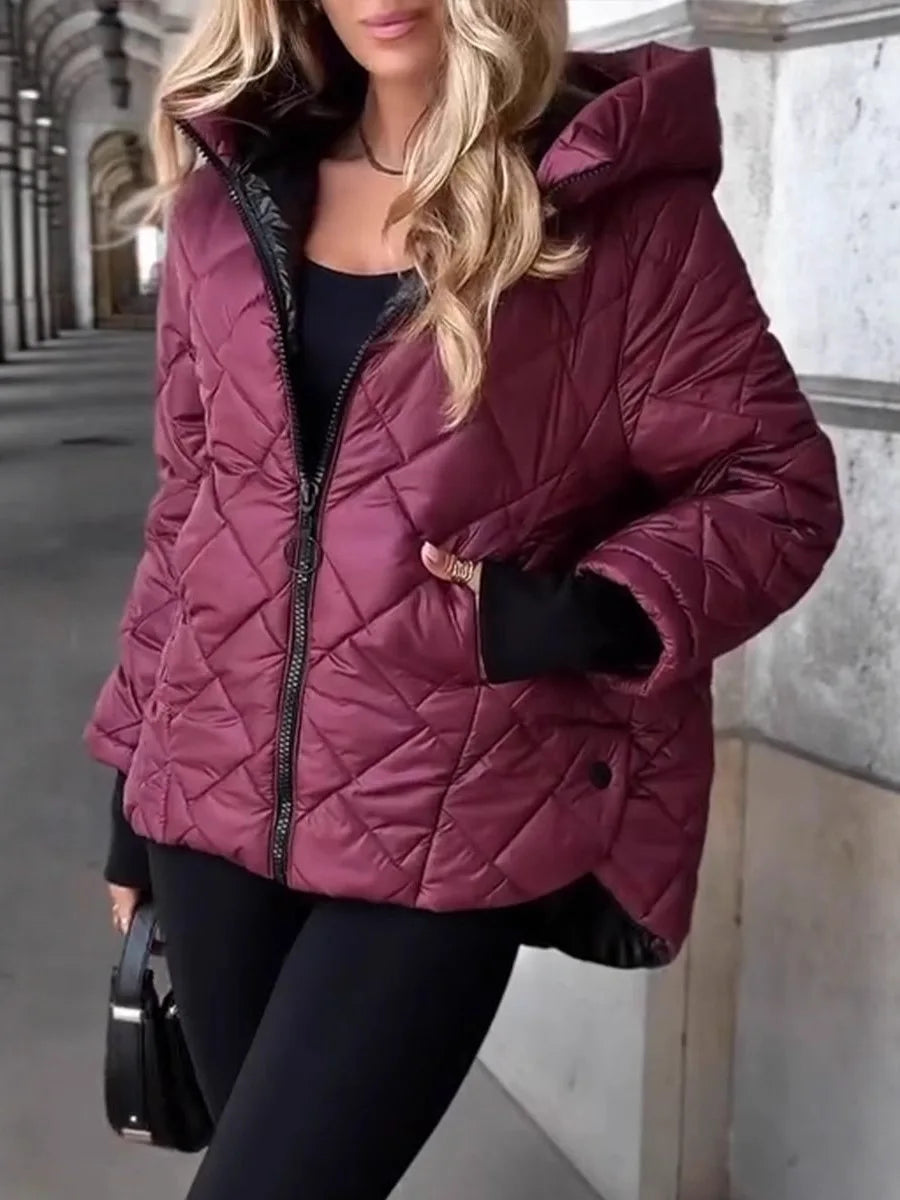 Women's short hooded quilted jacket with diamond pattern and zipper