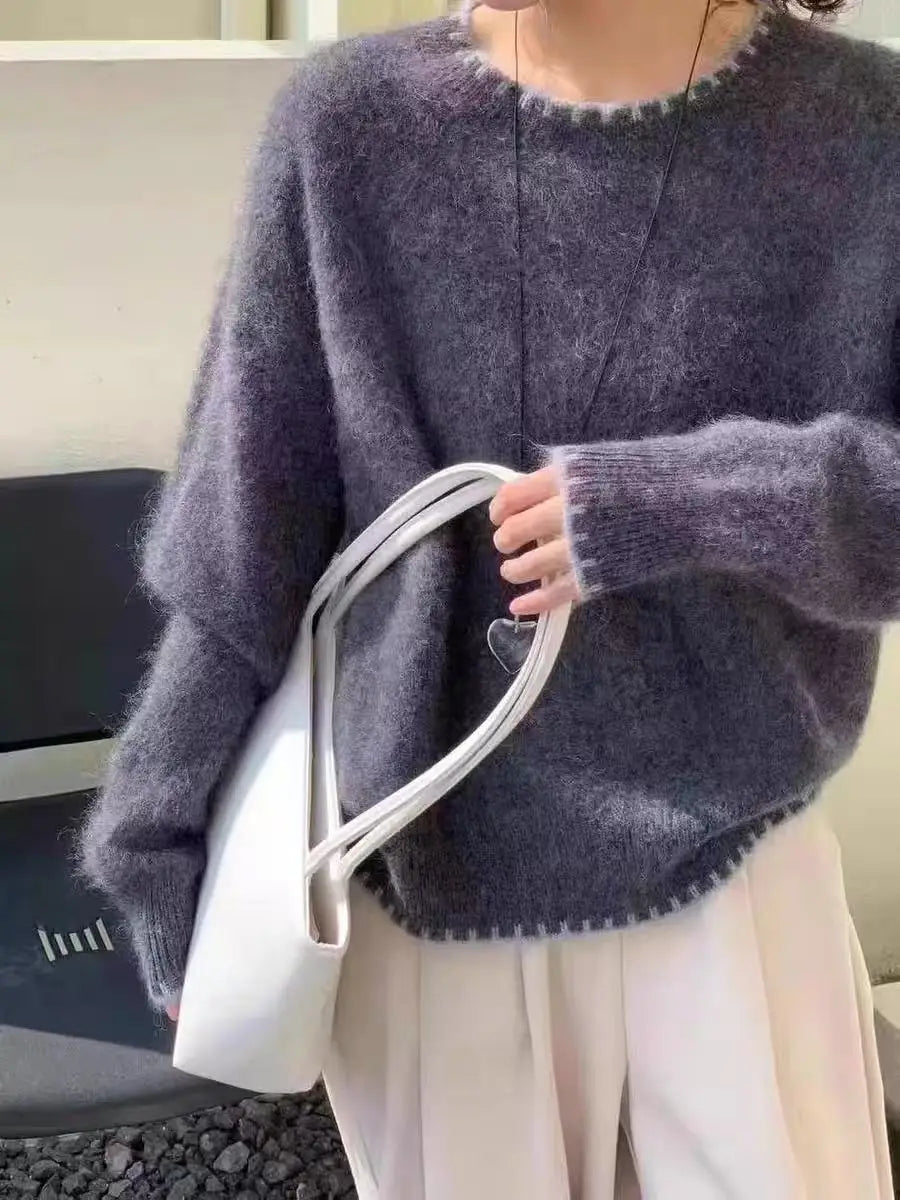 Women's crew-neck long-sleeve gray knit sweater with decorative trim