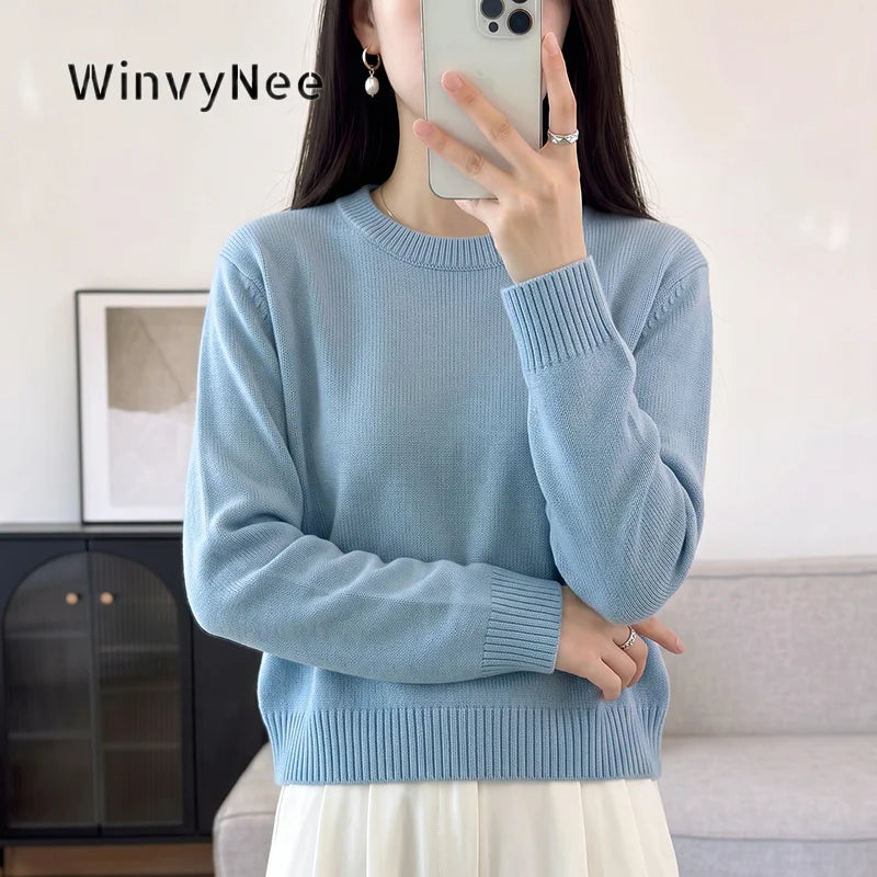 Women's Light Blue Fine-Knit Crew-Neck Long-Sleeve Sweater