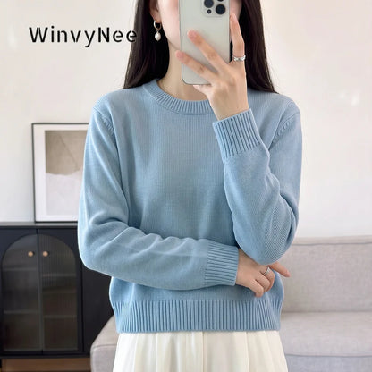 Women's Light Blue Fine-Knit Crew-Neck Long-Sleeve Sweater