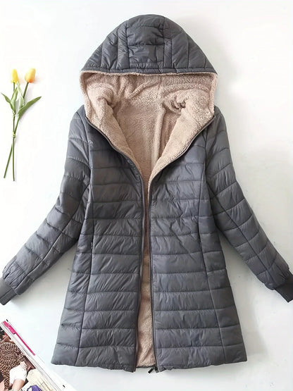 Damen Steppjacke mit Kapuze, gefüttert mit Kunstfell, langer Schnitt
