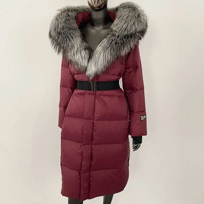 Women's long winter quilted coat with faux-fur hood and belt