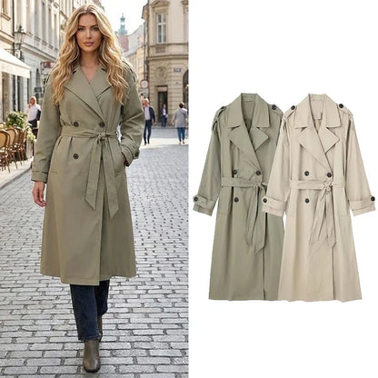 Damen Trenchcoat Lang mit Gürtel Zweireihig Klassischer Übergangsmantel Beige Grün