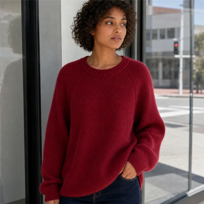 Women's Oversized Crewneck Knit Sweater with Raglan Sleeves