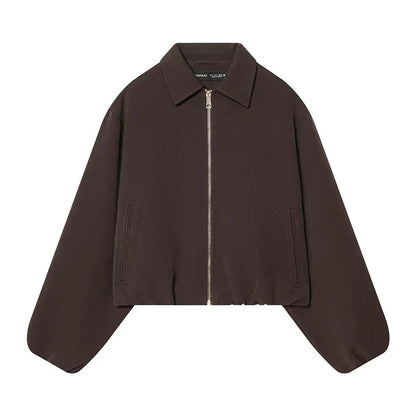 Short women's bomber jacket with collar, zipper, and long sleeves