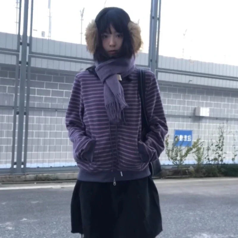 Women's striped zip-up hoodie with long sleeves and hood, lilac-gray mélange