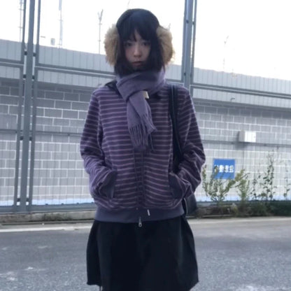 Women's striped zip-up hoodie with long sleeves and hood, lilac-gray mélange