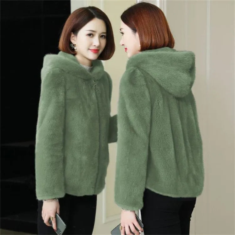 Women's Short Hooded Jacket, Plush Look, Green, Soft