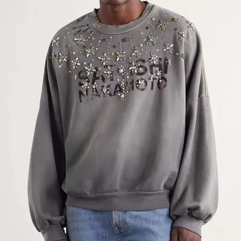 Unisex Crew-Neck Ombre Sweatshirt with Rhinestone Details