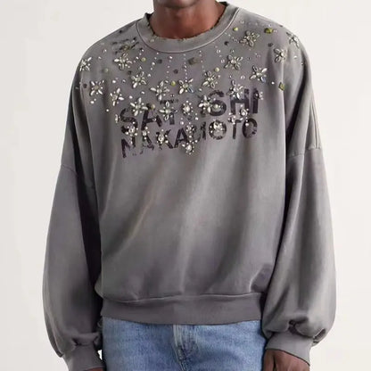 Unisex Crew-Neck Ombre Sweatshirt with Rhinestone Details