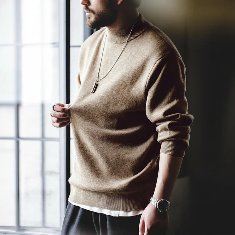 Men's mock-neck fine-knit sweater long-sleeve solid color