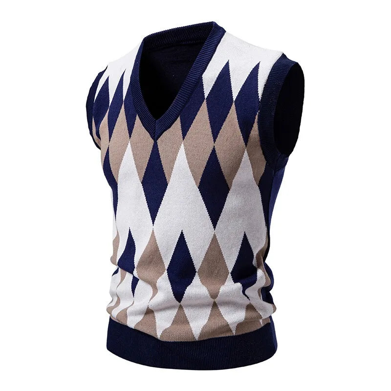 Men's Argyle knitted vest V-neck sleeveless pullover vest
