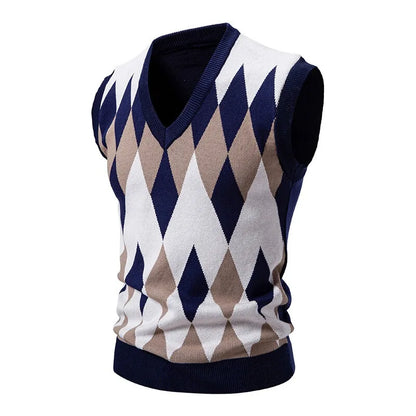 Men's Argyle knitted vest V-neck sleeveless pullover vest