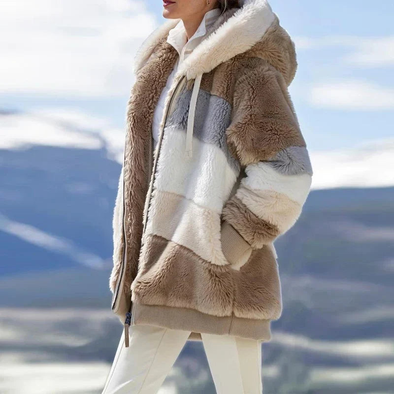 Damen Teddyfell Jacke mit Kapuze und Reißverschluss, mehrfarbig