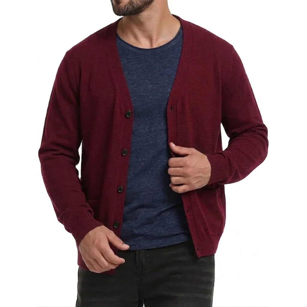 Men's V-neck cardigan with buttons and pockets, heathered look
