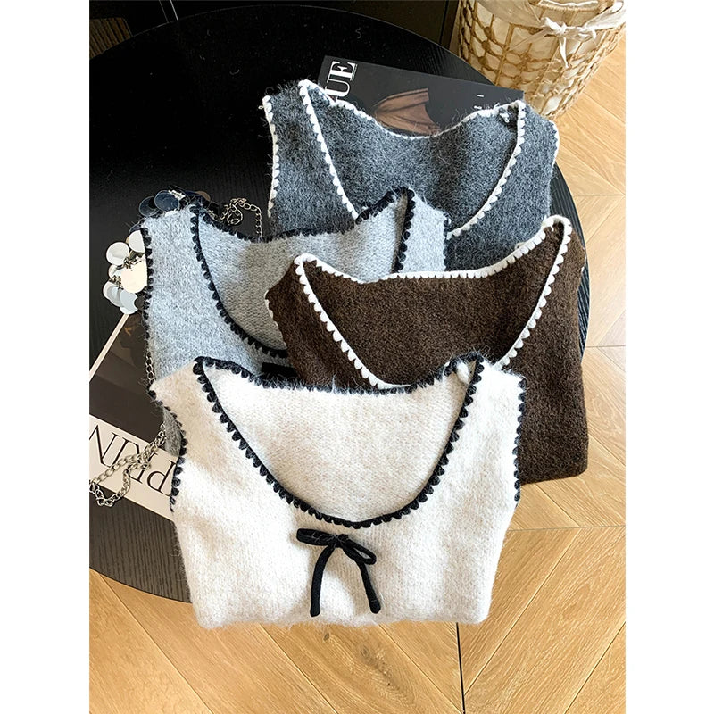 Strick-Tanktop mit Zierschleife und Häkelrand, quadratischer Ausschnitt
