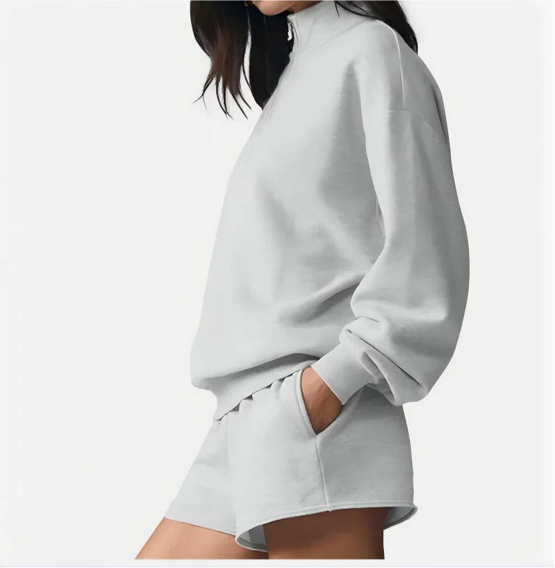 Two-piece loungewear set with stand collar and shorts, light gray