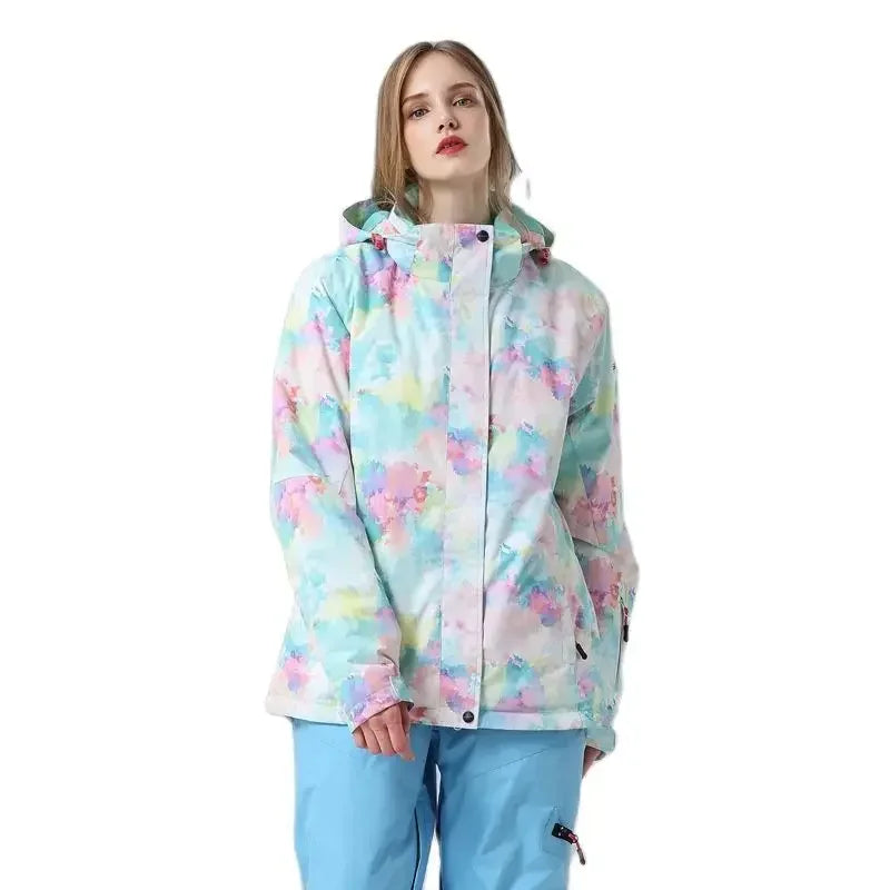 Women's winter ski jacket with hood, colorful pattern, outdoor