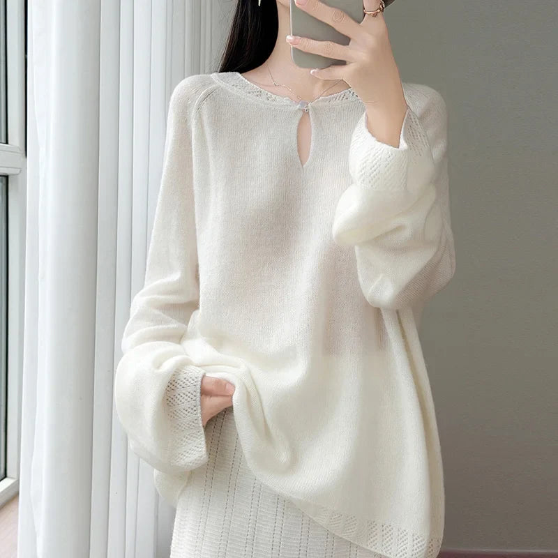 Women's Long-Sleeve Crewneck Sweater with Eyelet-Pattern Details